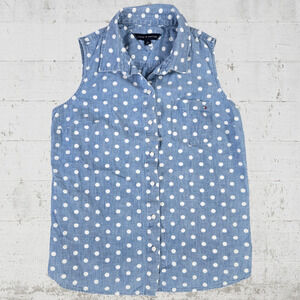 Tommy Hilfiger Light Wash Polka Dot Chambray Denim Womens Blouse Size Medium